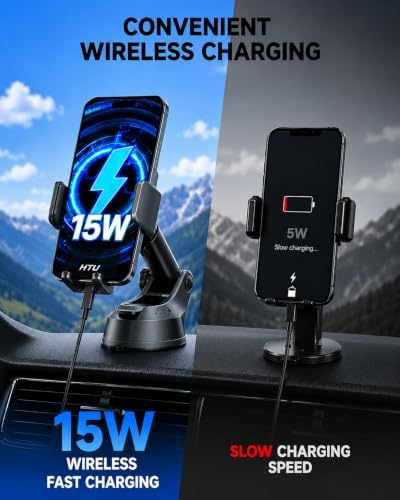 HTU Upgraded 15W Fast Charging Auto-Clamping Wireless Car Charger Mount