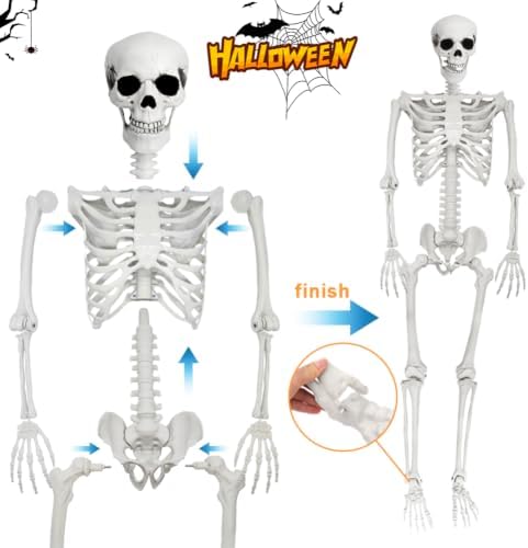 5.4FT Life Size Skeleton with Cat Dog, Plastic Skeleton for Halloween Decor