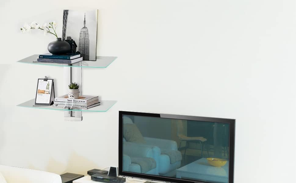 suptek 2 Tiers Glass Floating Shelves, Flat Black Wall Mount Bracket, AV Shel...