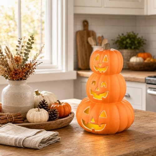 Evelyne Stacked Jack-O’-Lantern Pumpkin Decoration – 3-Tier Light-Up Hallowee...