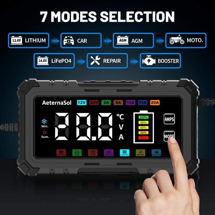 20A Smart Car Battery Charger, 12V/24V Trickle Charger Maintainer (Black)