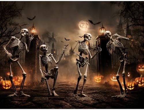 10x8FT Halloween Decoration Backdrop-Dancing Skeletons and Glowing Pumpkins