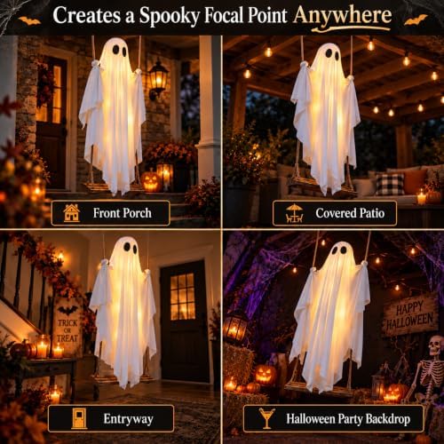 Halloween Hanging Swinging Ghost, 5 FT Light Up Ghost Porch Decor with IP65 R...