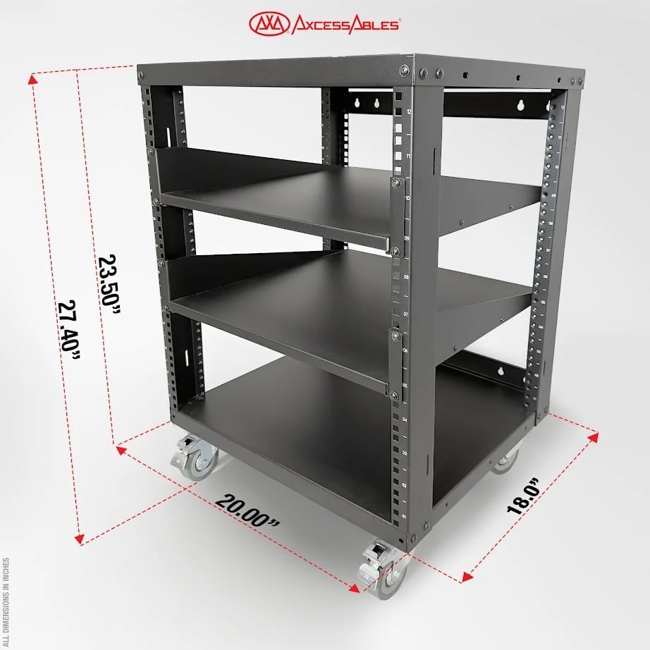 AxcessAbles 12U Open Frame Network Rack with Locking Caster Wheels - 440lb Ca...