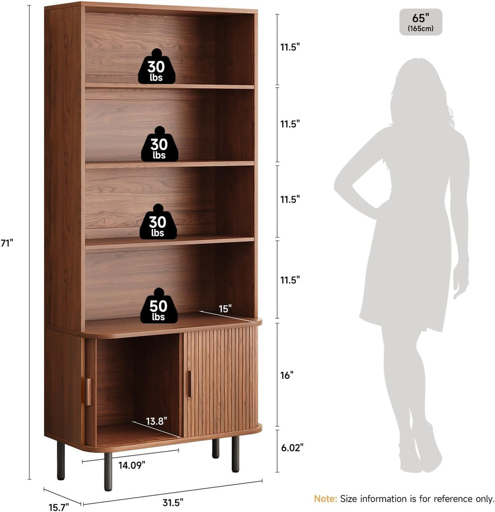 ONBRILL 71" T Bookshelf with Sliding Door, 31.5" W Bookcase Storage...