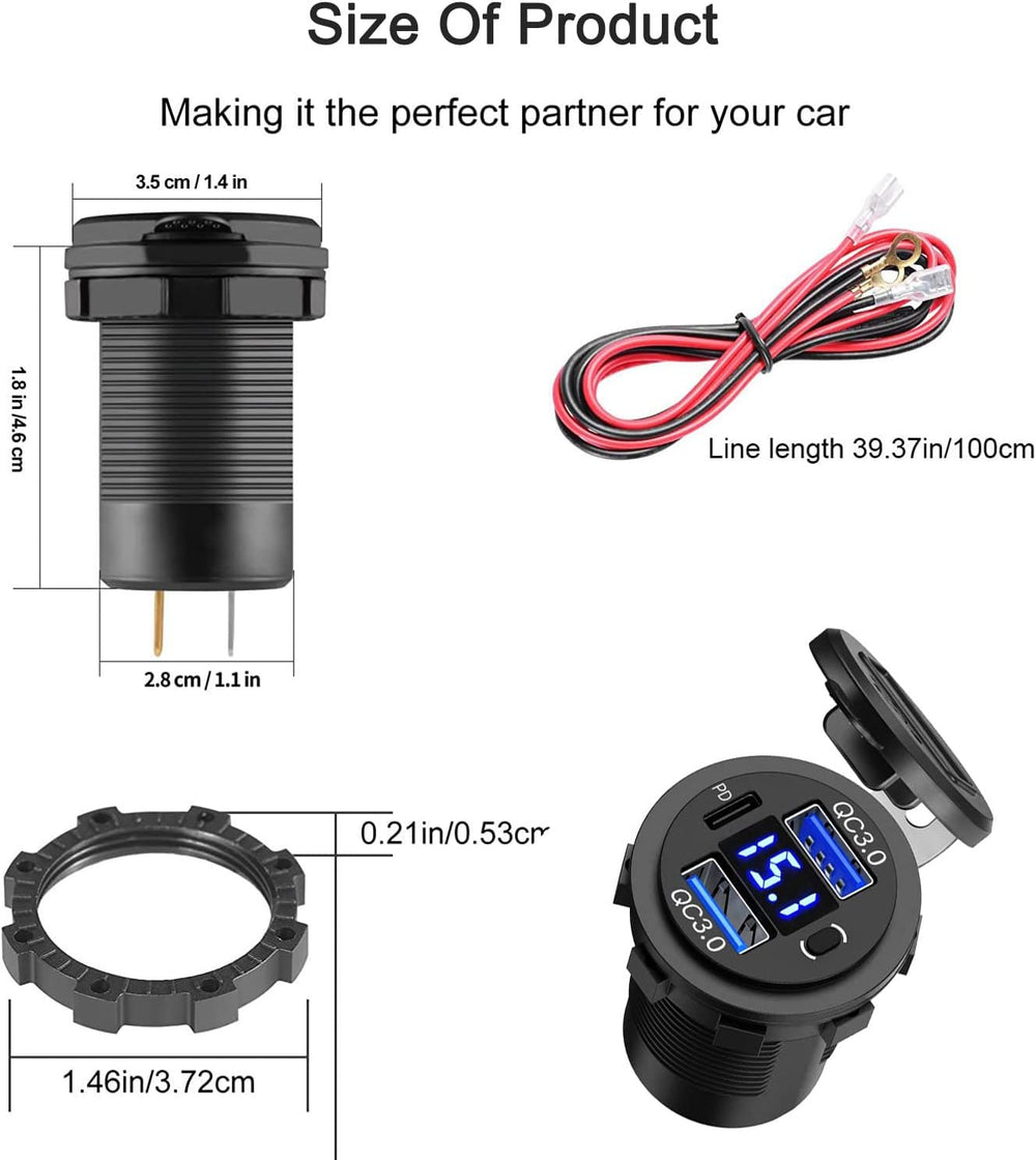 5 Pack 12V USB Outlet, QC3.0 & PD Dual Car Charger with Voltmeter & S...