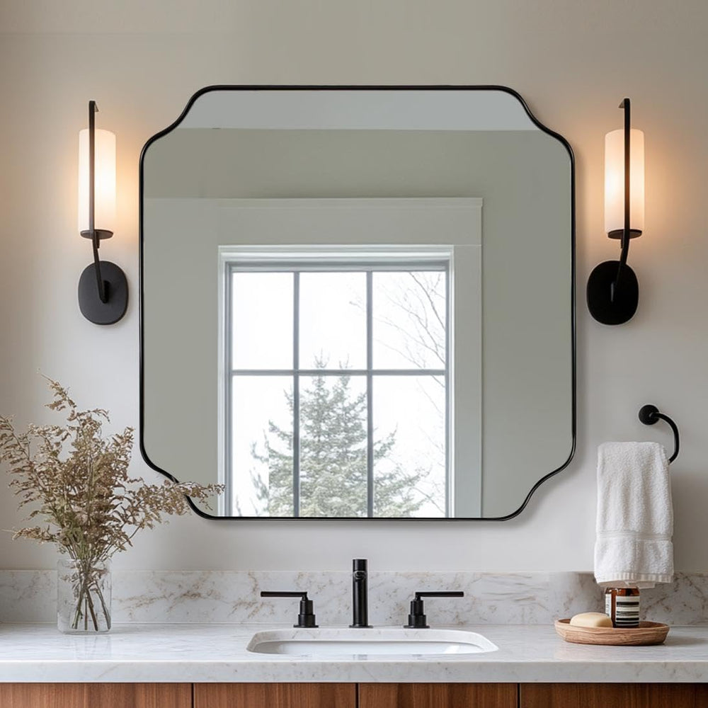 ANDY STAR 24x24 Inch Square Mirror, Matte Black Vanity Mirror, Modern Scallop...