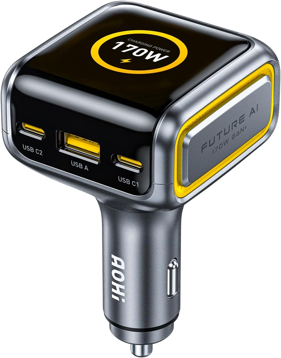 AOHI SUPERAUTO 170W 3-Port Car Charger, 140W PD 3.1 with TFT Smart Display