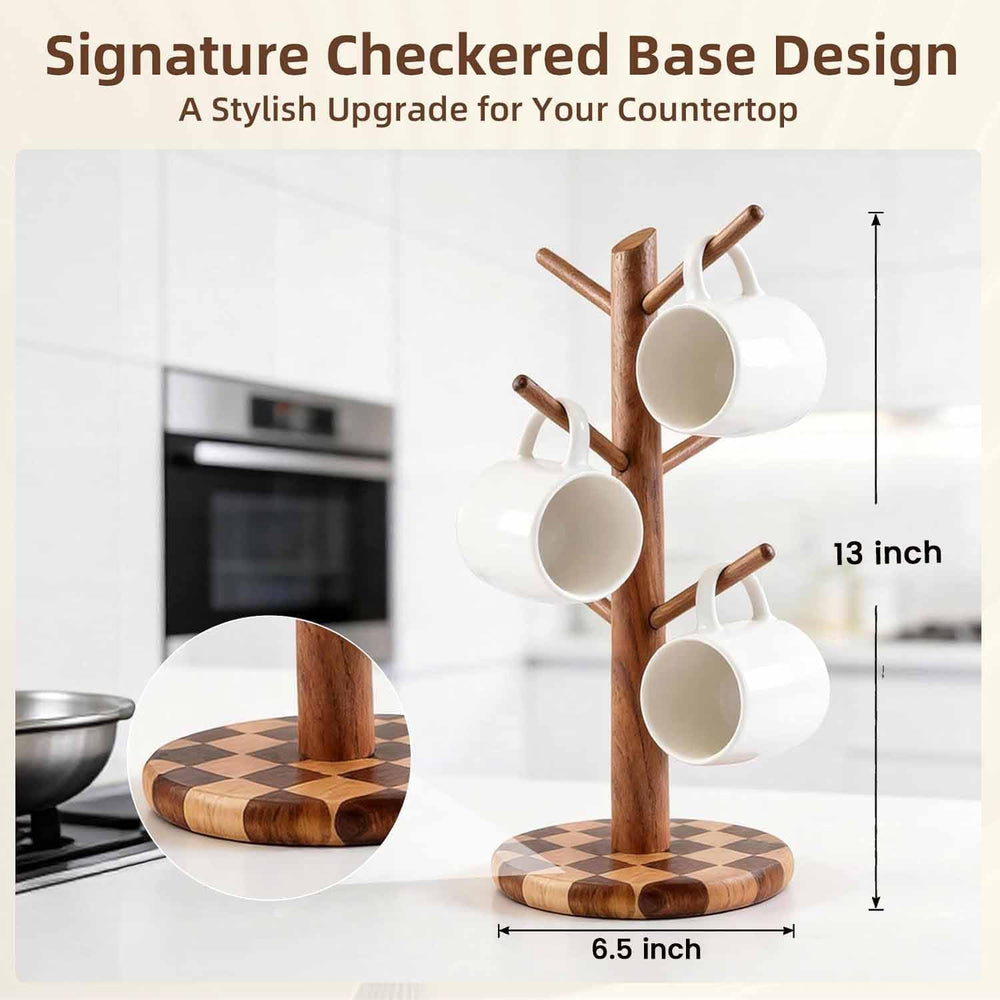 Natural Wood Mug Holder for Counter Top, Acacia Wood Coffee Mug Tree
