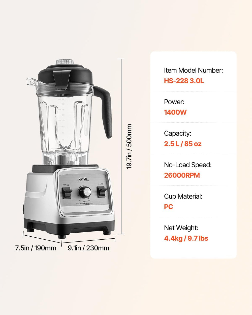 VEVOR Professional Blender for Smoothies, 85 oz 1400W,with Powerful Motor, Mu...