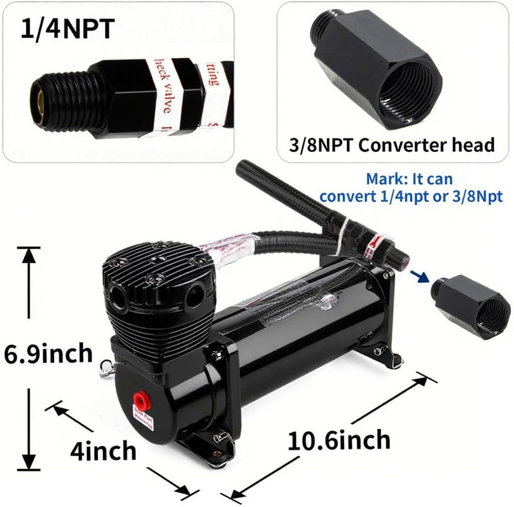 3/8NPT Heavy Duty 200 PSI Air horn Compressor kit with 1/4NPT Converter head ...