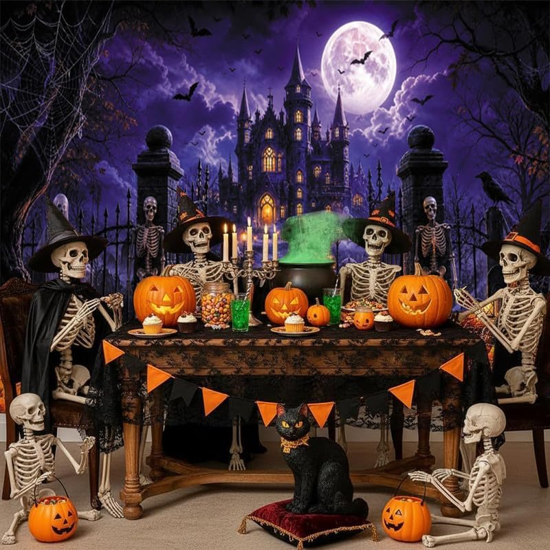 Halloween Backdrop 10x8ft Spooky Castle Moon Night Backdrop for Photography