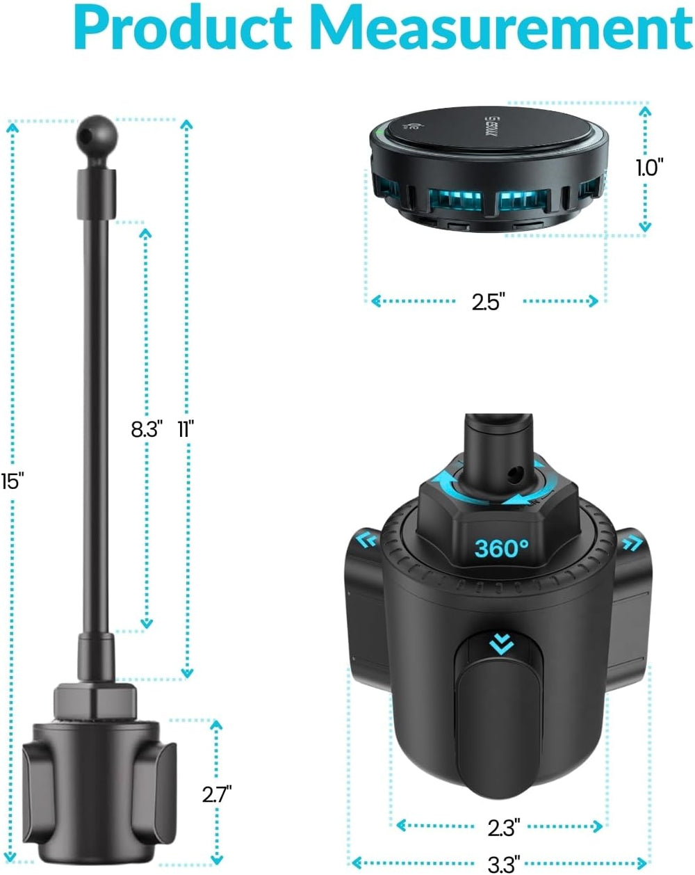 Qi2 25W Cooling Wireless Car Charger 15 Inch Cup Holder Phone Mount