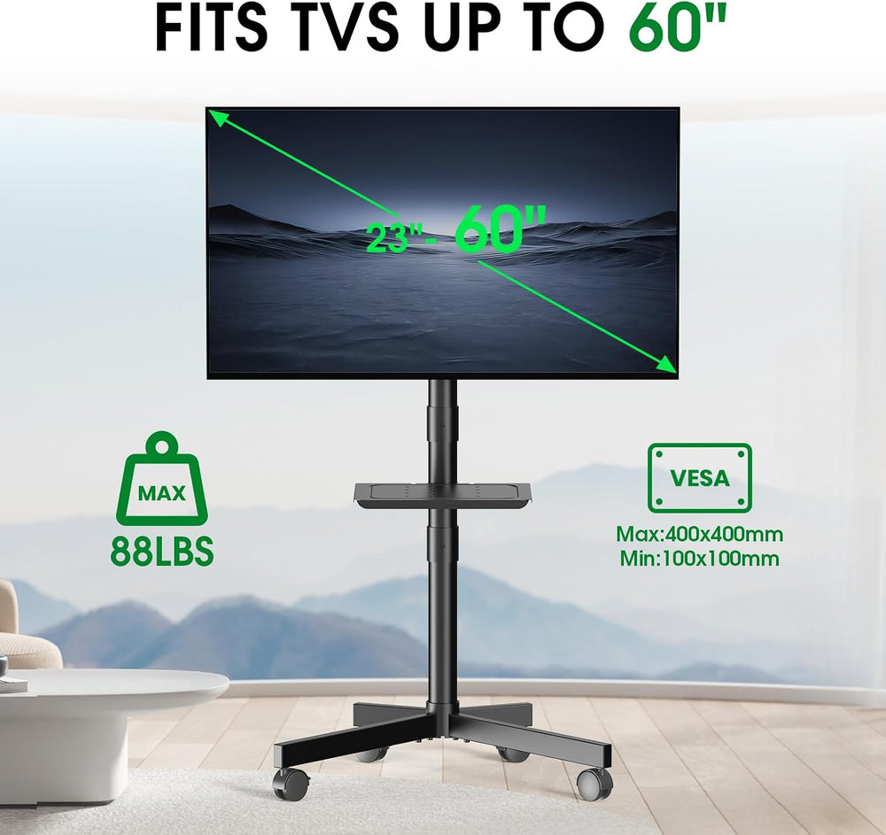 Rolling TV Stand, Portable TV Cart with Wheels/Shelf for 23-60 Inch, Black