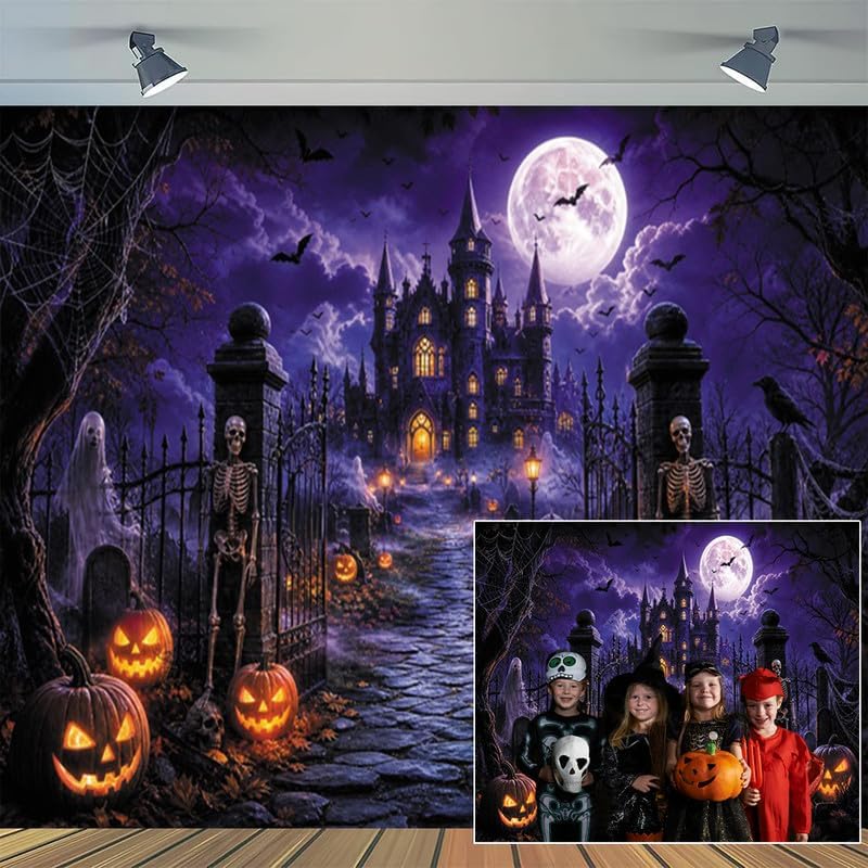 Halloween Backdrop 10x8ft Spooky Castle Moon Night Backdrop for Photography