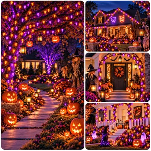 2PK 100 LED 86FT Connectable C9 Halloween Lights Outdoor, Purple and Orange