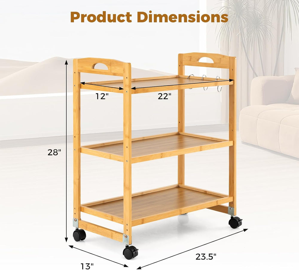 GIANTEX 3-Tier Rolling Storage Cart, Bamboo Utility Cart w/ 3 Side Hooks &...