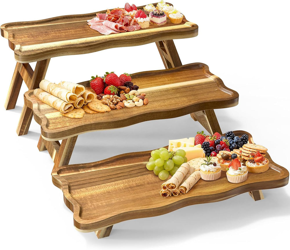 Acacia Wood 3 Tier Cupcake Stand, Serving Tray for Party, Foldable Dessert Ta...