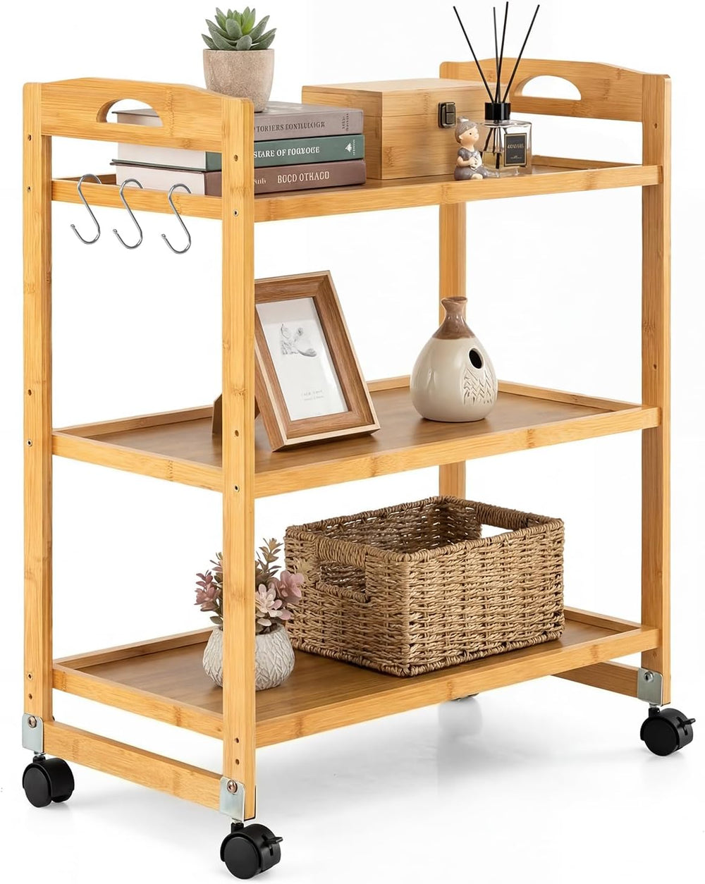 GIANTEX 3-Tier Rolling Storage Cart, Bamboo Utility Cart w/ 3 Side Hooks &...