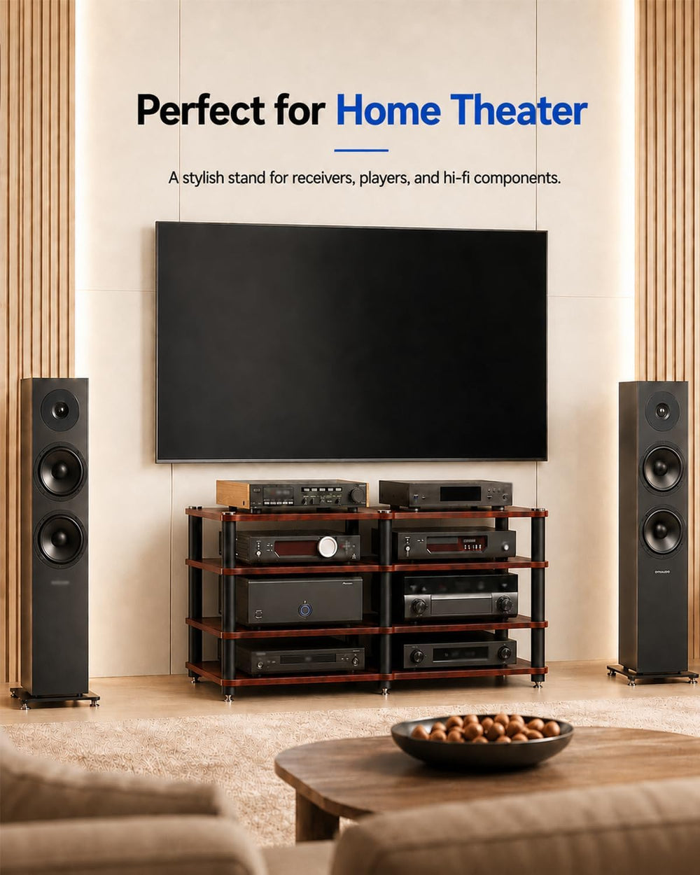 4 Tier Heavy Duty AV Media Stand, Stereo Stands and Racks, Teak