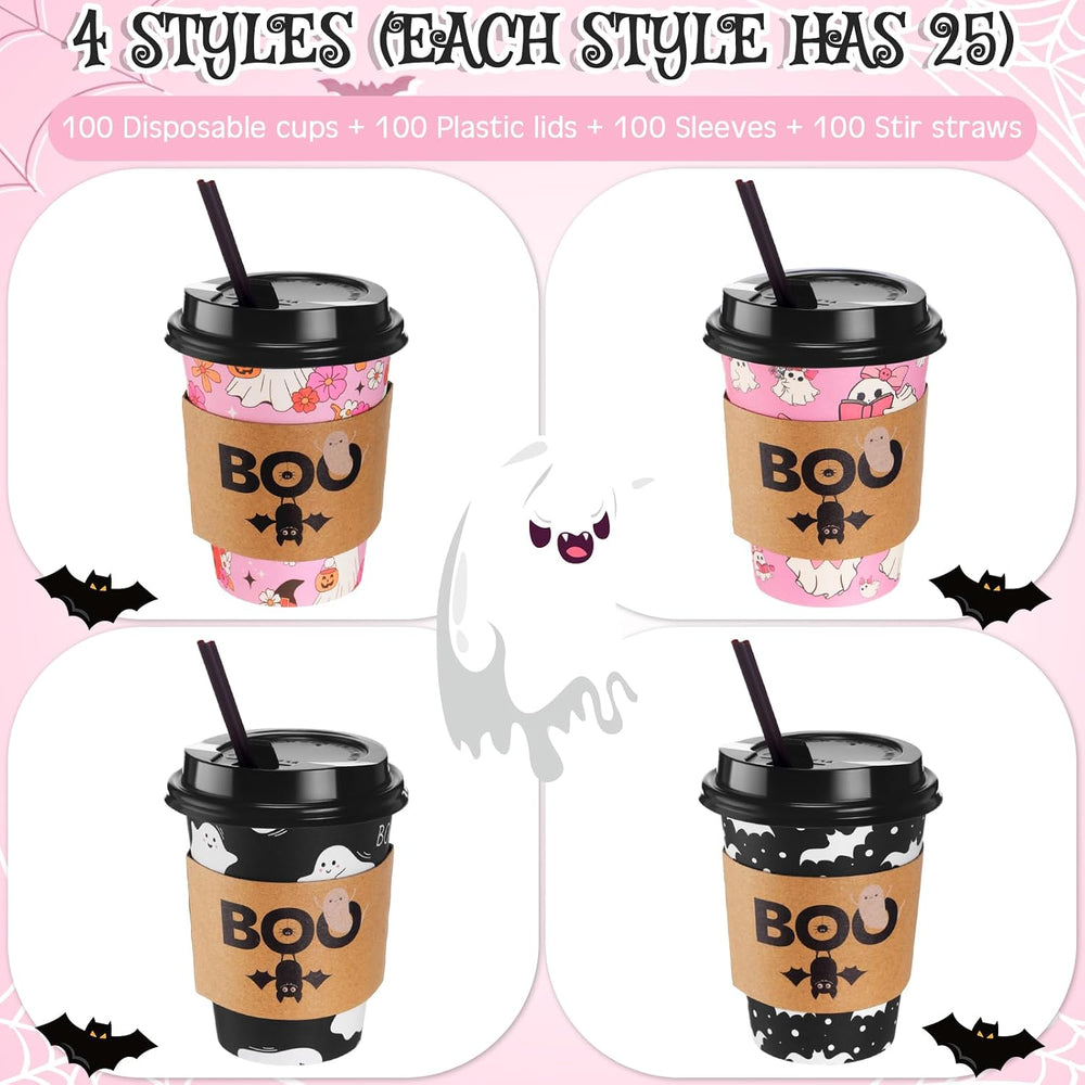 Lallisa 100 Sets 12 oz Halloween Disposable Coffee Cups with Lids and Sleeves...
