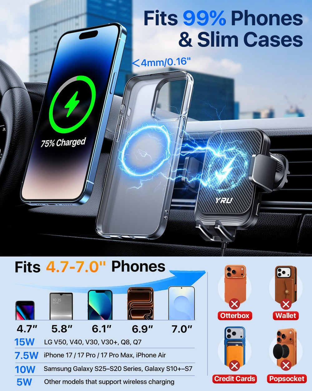 YRU Wireless Car Charger 【90+LBS Strongest】 15W Auto Clamping Phone Holder