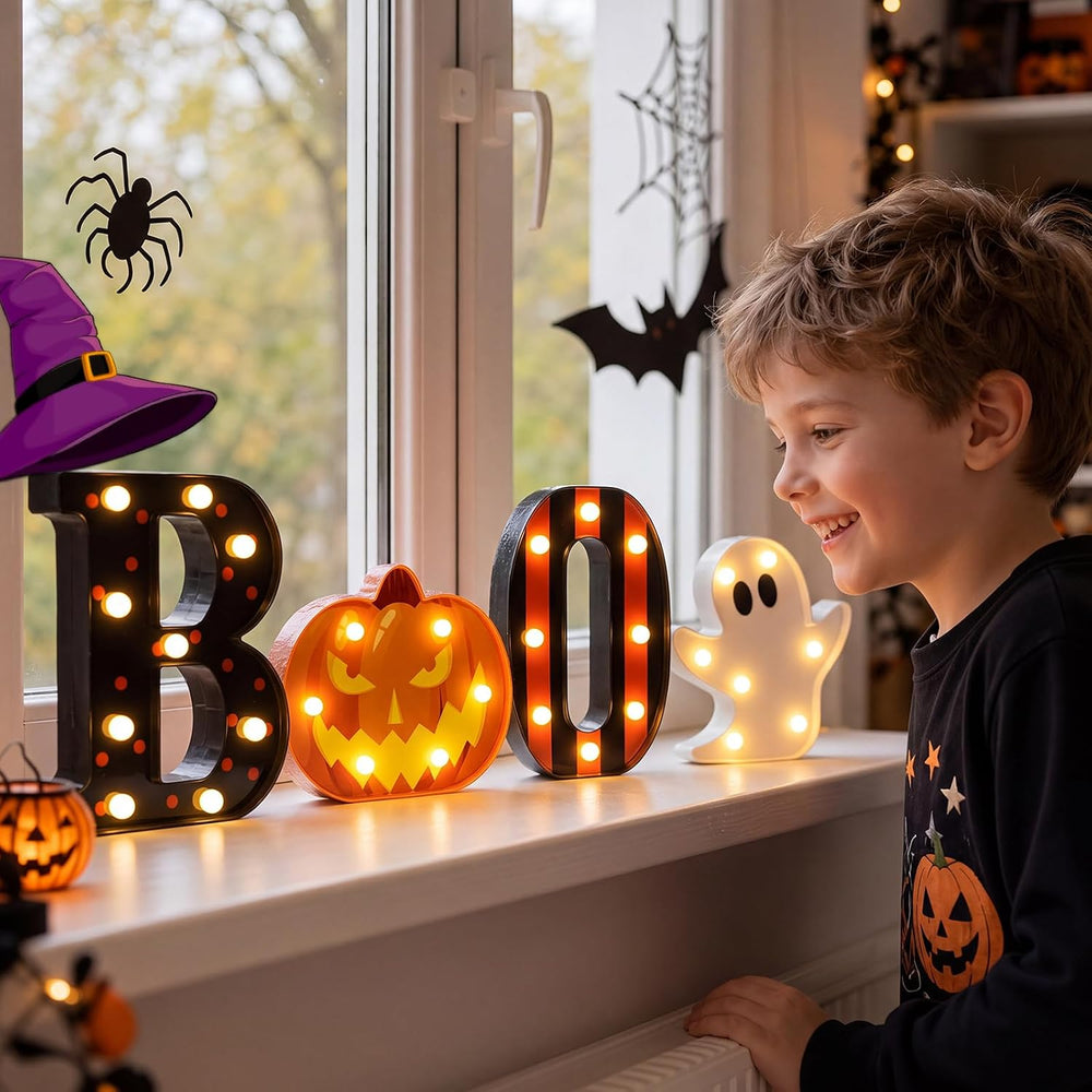 Ganeen Plastic Halloween Decoration LED Pumpkin Ghost Boo Light up Sign