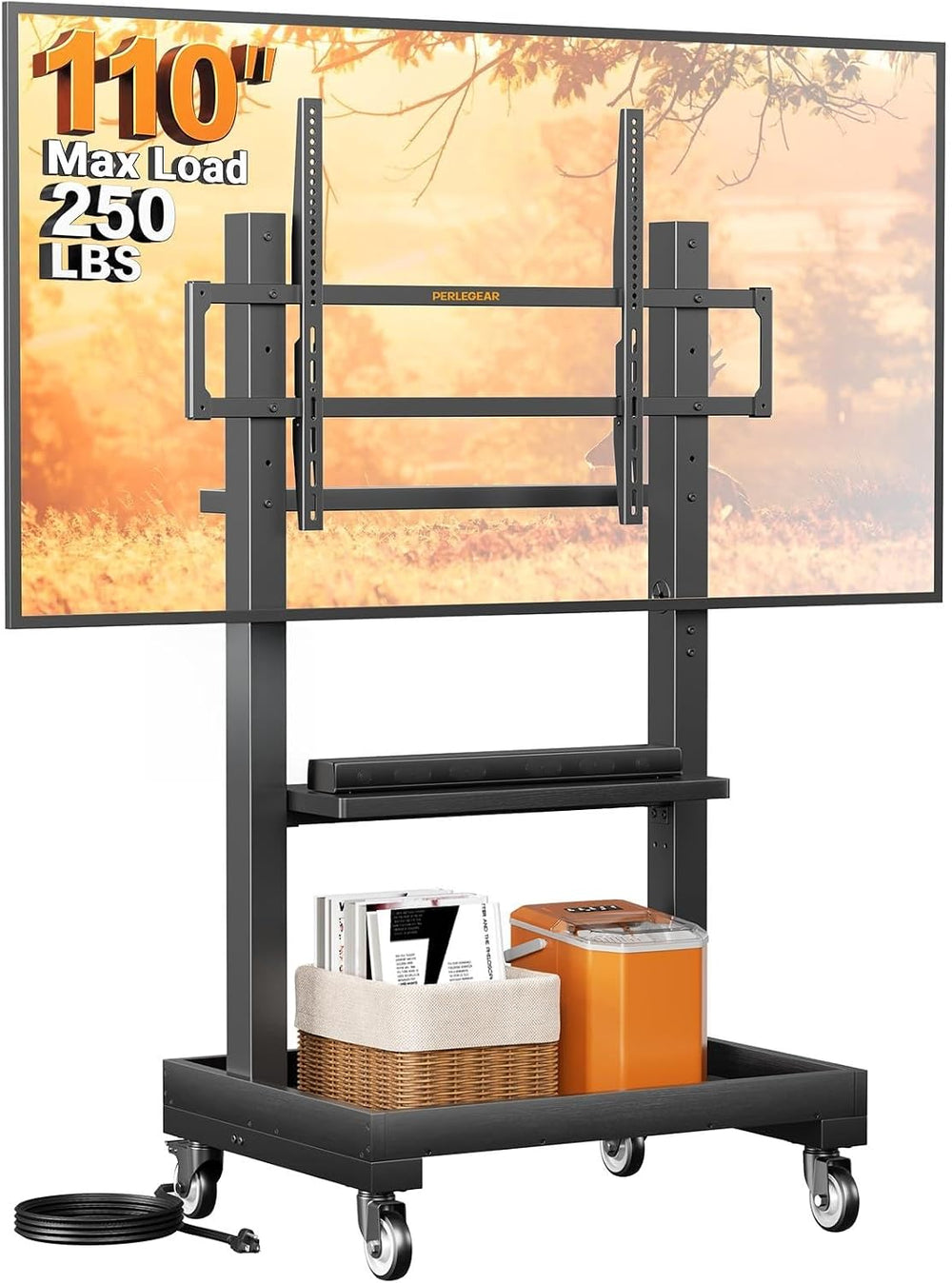Perlegear Rolling TV Stand with Power Outlet for 32–110 inch TVs, 250 lbs