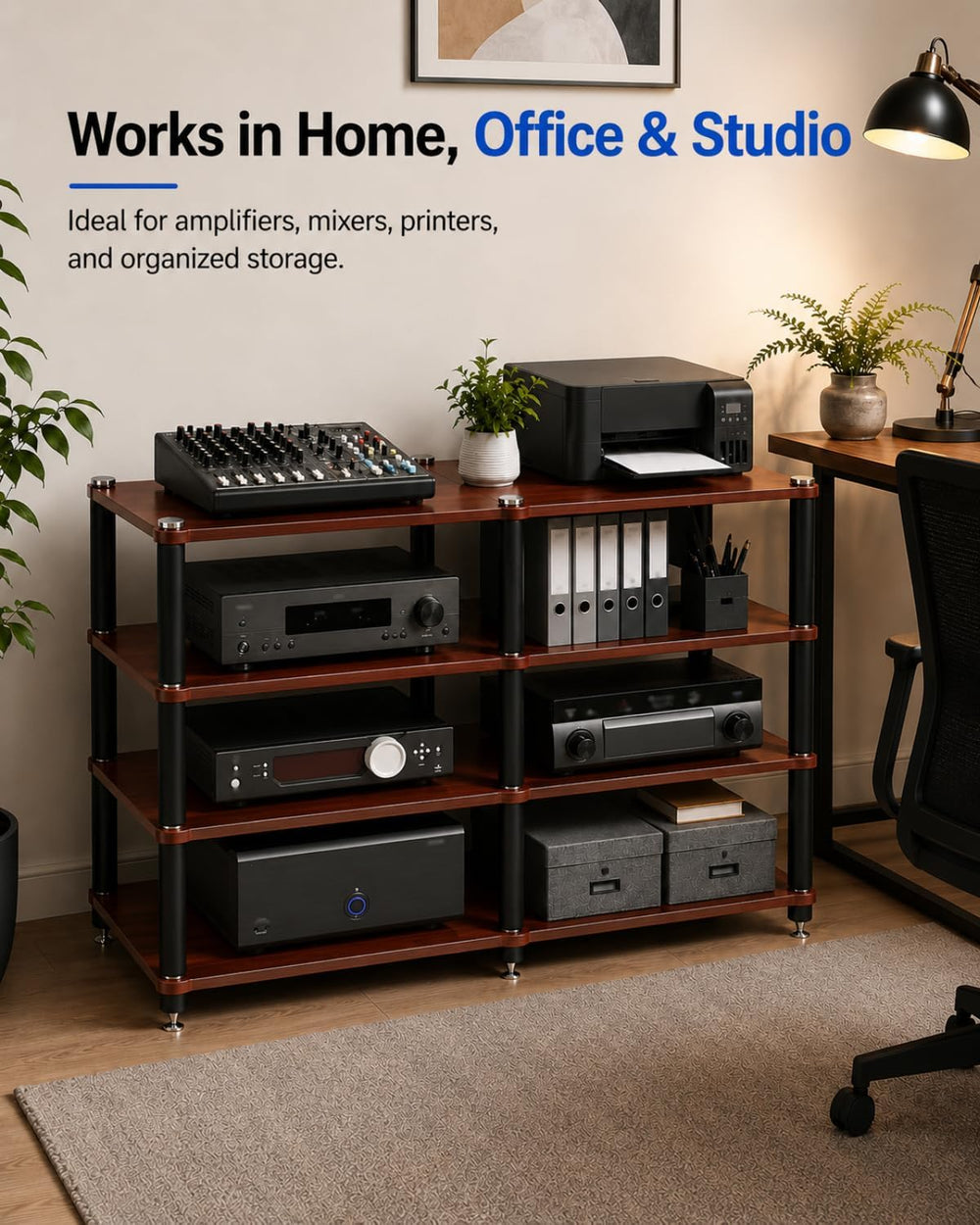 4 Tier Heavy Duty AV Media Stand, Stereo Stands and Racks, Teak