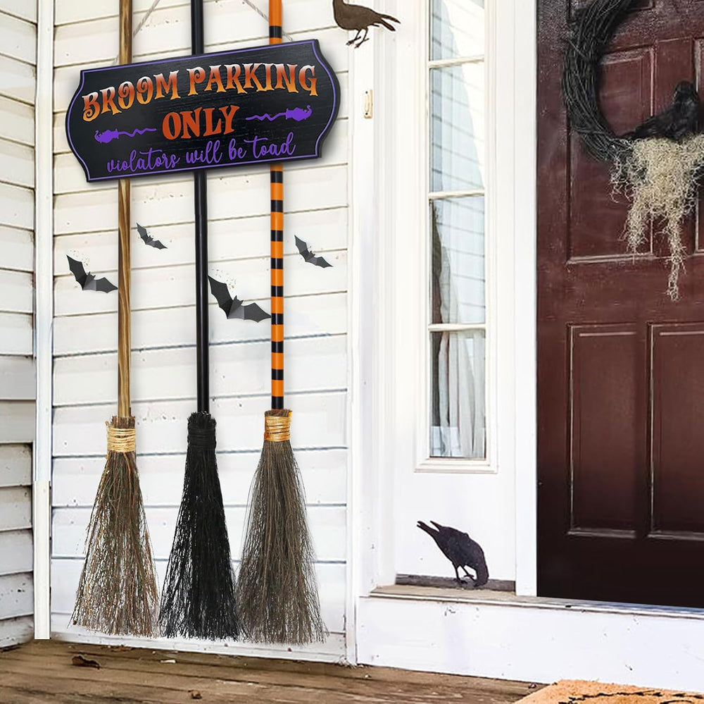 Halloween Decorations - Broom Parking Sign with 3 Wooden Witches Brooms