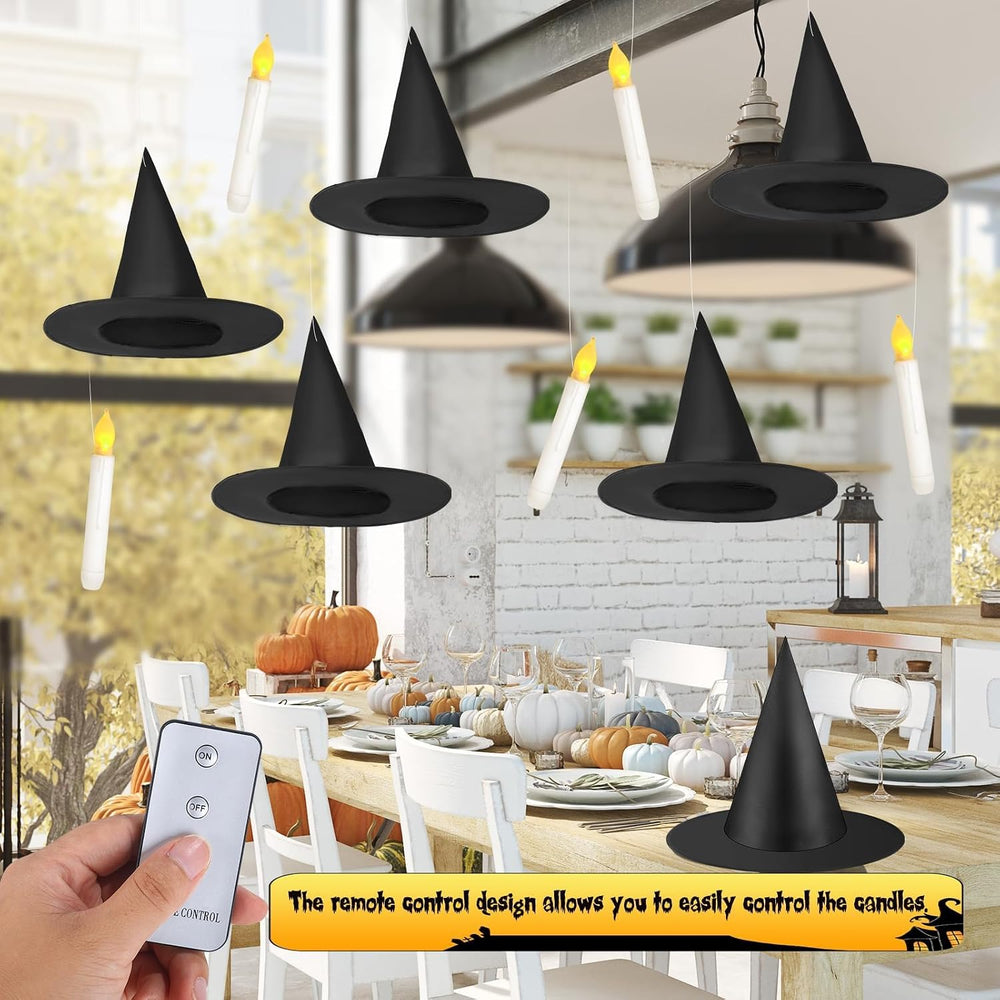 80 Pcs Halloween Hanging Witch Hats and Taper Floating Candles Set