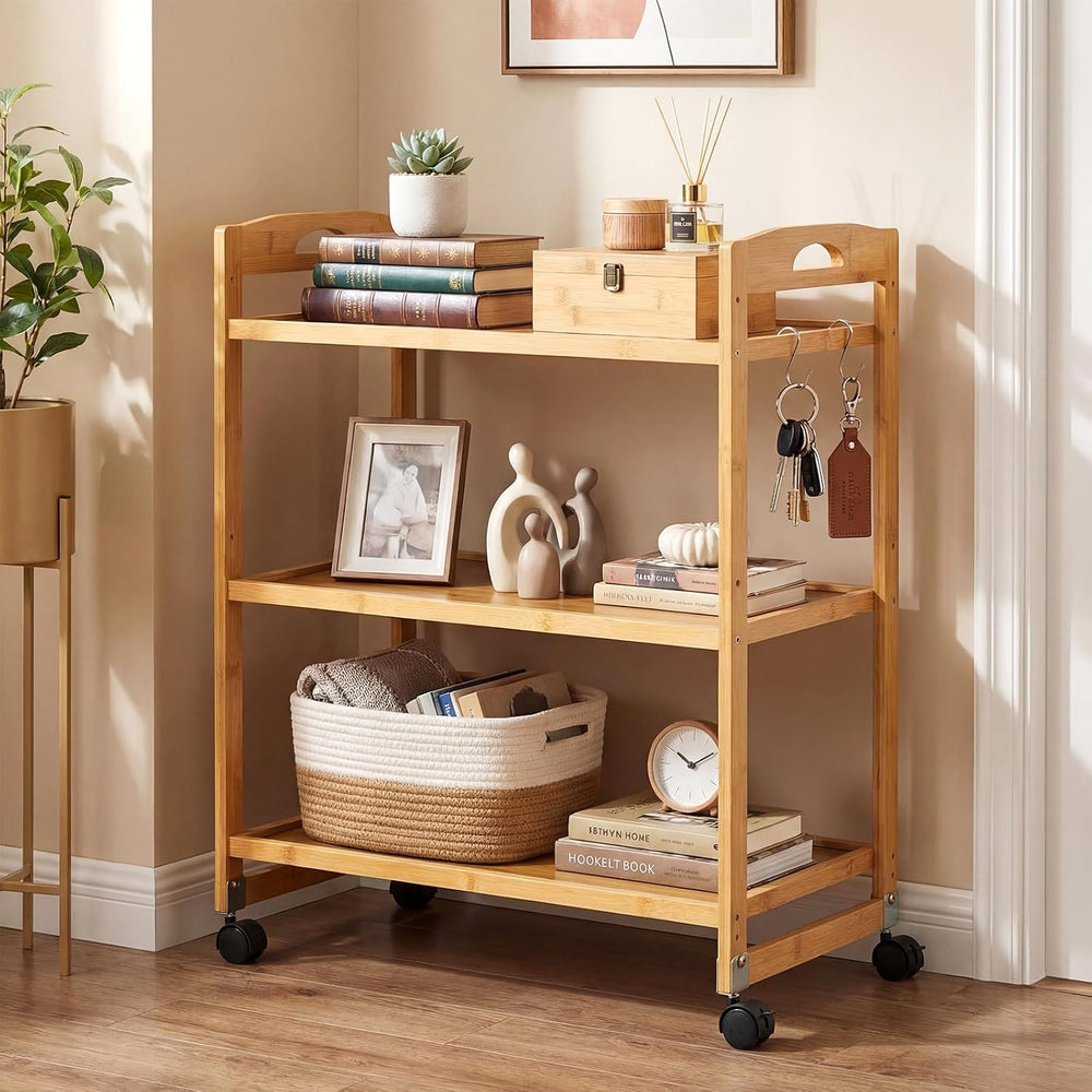 GIANTEX 3-Tier Rolling Storage Cart, Bamboo Utility Cart w/ 3 Side Hooks &...