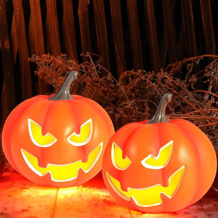 Rocinha 2 Pack Plastic Jack O Lantern Pumpkins Halloween Light up Pumpkin Outdoor Indoor Battery Operated Lighted Pumpkin with Spooky Face Halloween Pumpkins Decorations Party Favor Gifts