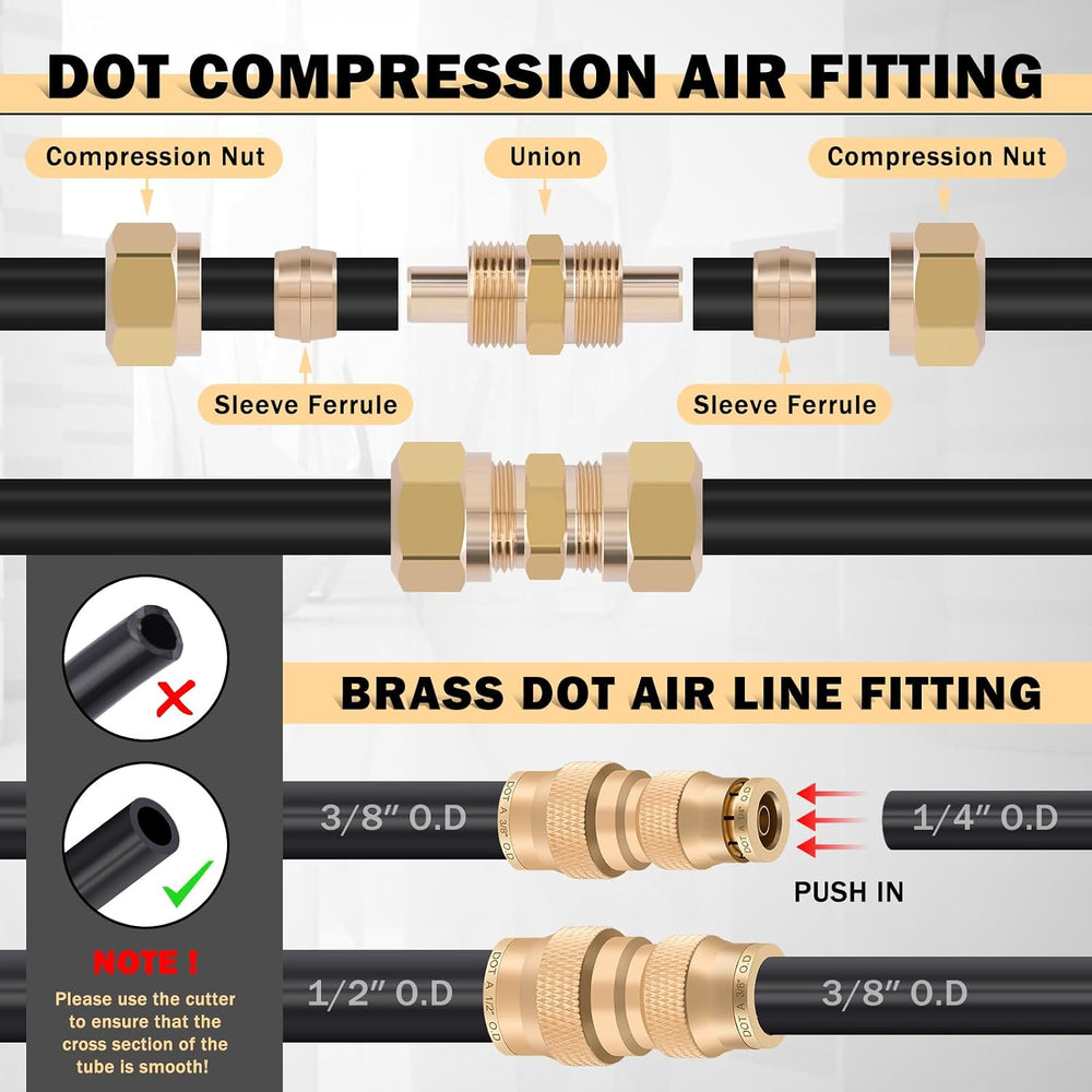 CheeMuii 100PCS Brass DOT Air Line Fittings with 3 Roll 50FT DOT Air Lines