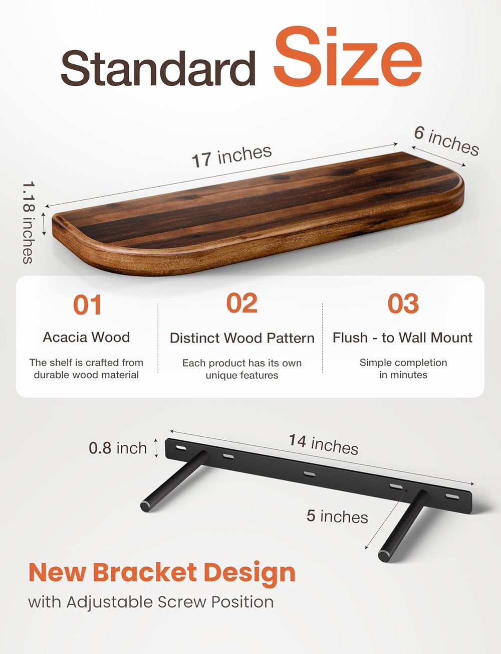 BATODA Set of 2 17" Acacia Wood Floating Shelves for Wall, Walnut Color