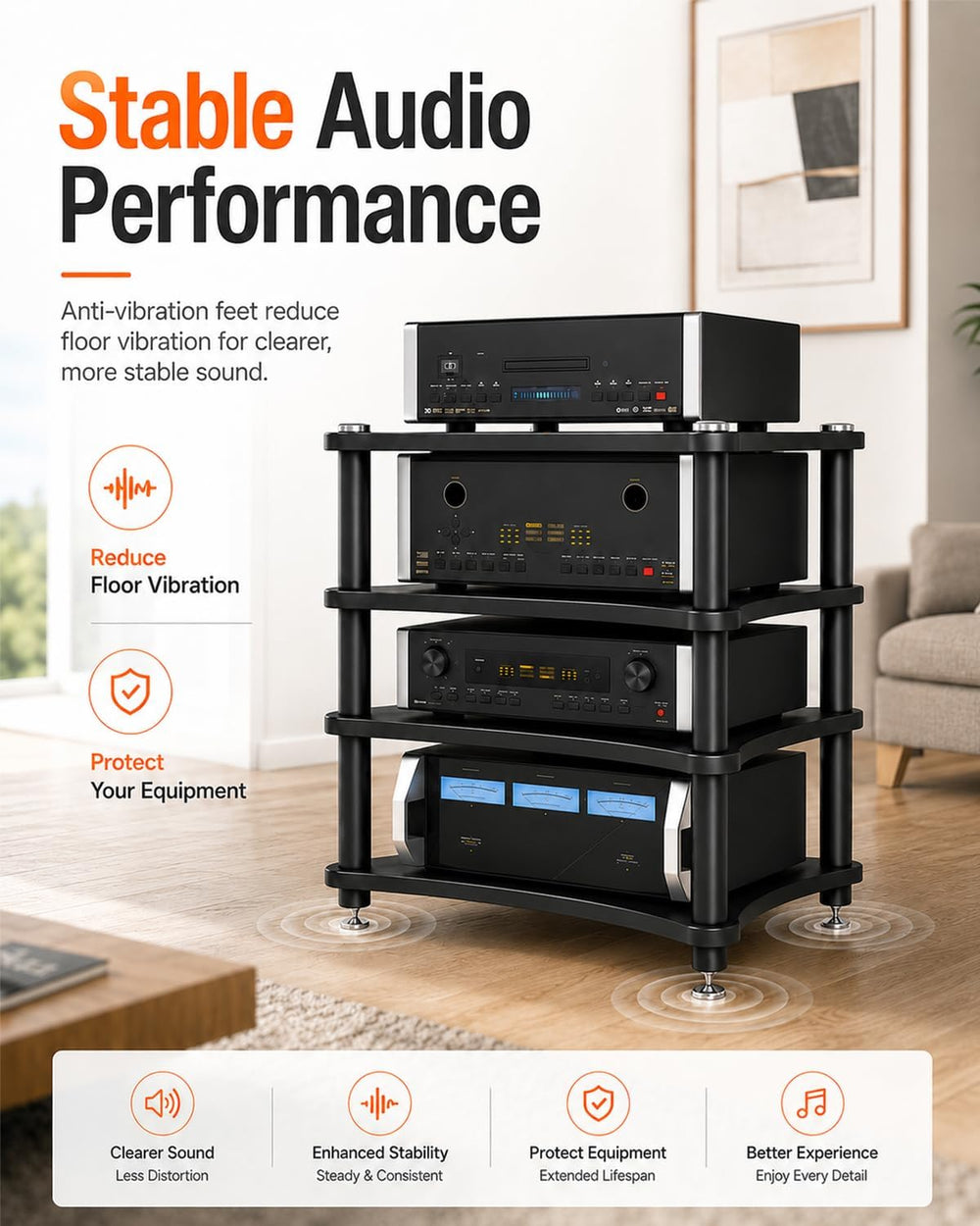 Heavy Duty 4-Tier AV Media Stand, 352 lb Load Capacity, Black