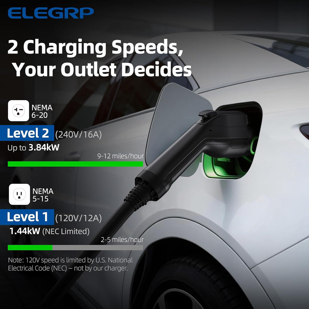ELEGRP Level 1/2 EV Charger, 16 Amp, Portable J1772 Charger, 25FT Cable, NEMA...