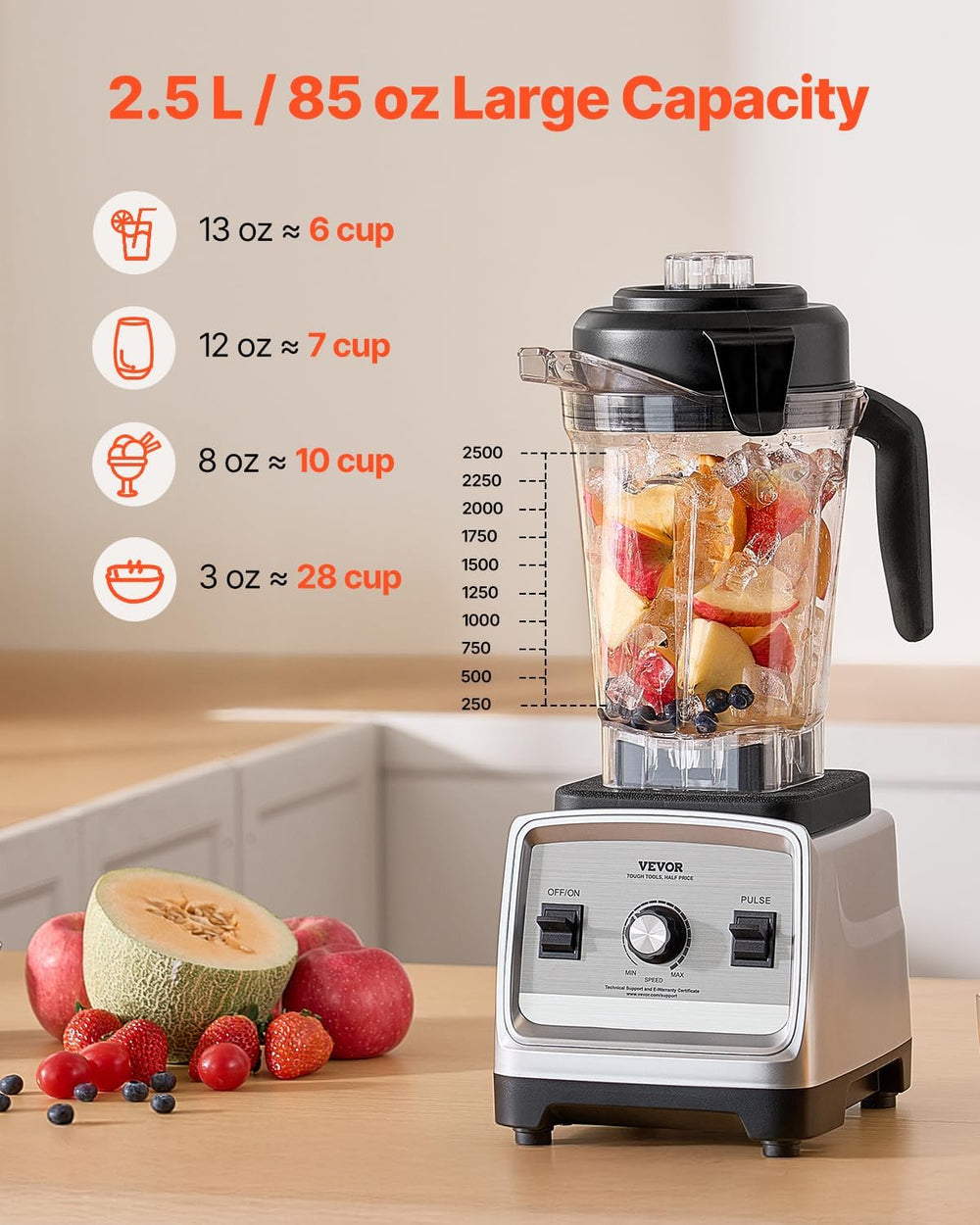 VEVOR Professional Blender for Smoothies, 85 oz 1400W,with Powerful Motor, Mu...