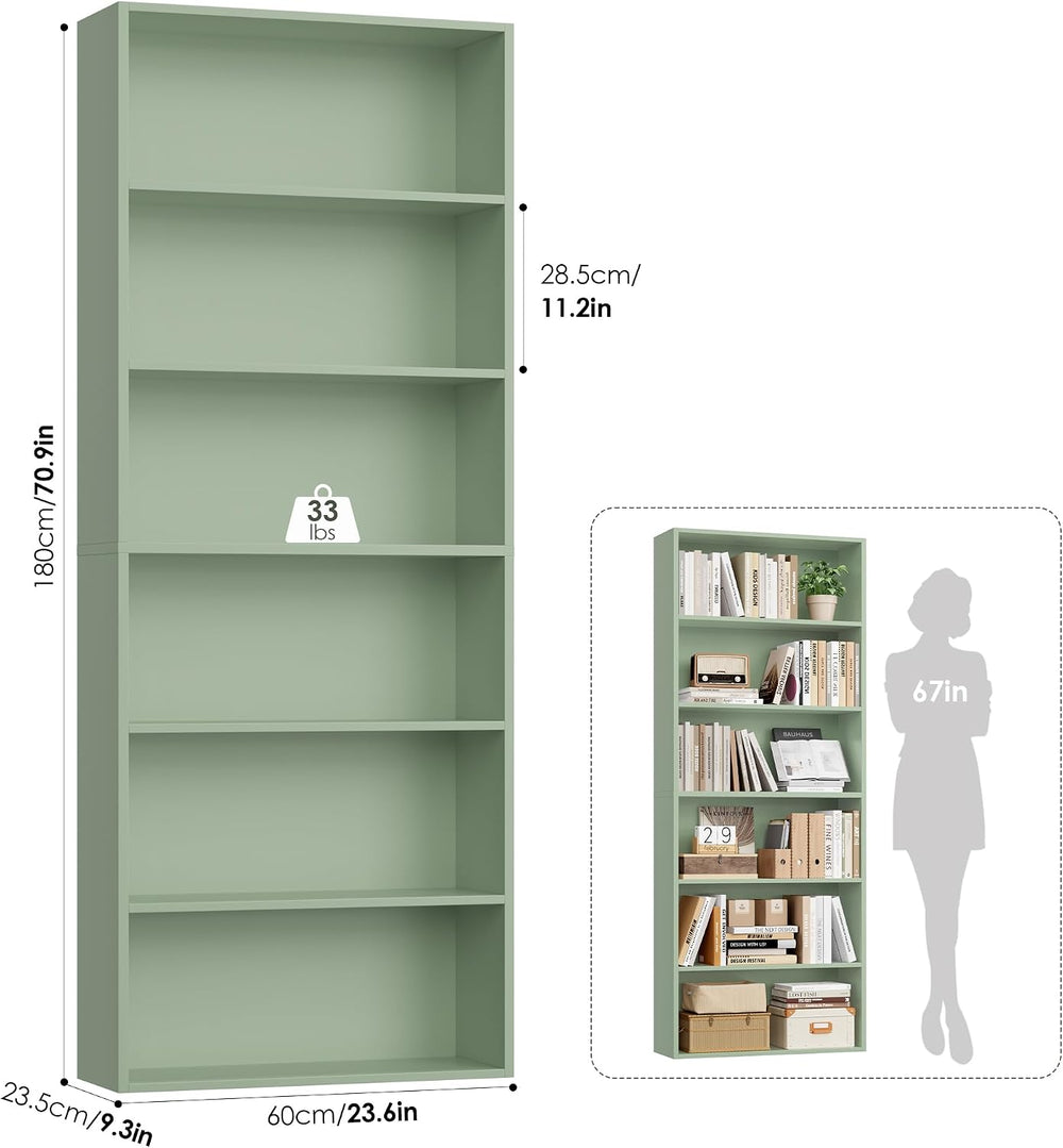 FOTOSOK 6 Tier Tall Bookshelf and Bookcase with Open Display Shelves, Green