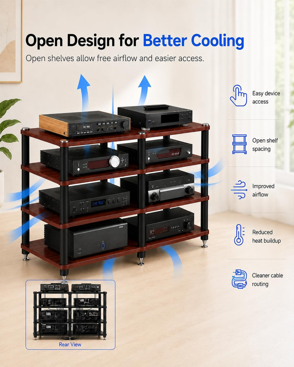 4 Tier Heavy Duty AV Media Stand, Stereo Stands and Racks, Teak