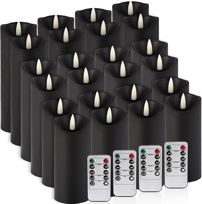 24-Pack Black Flameless LED Candles with Remote & Timer (3 Sizes) - Batte...