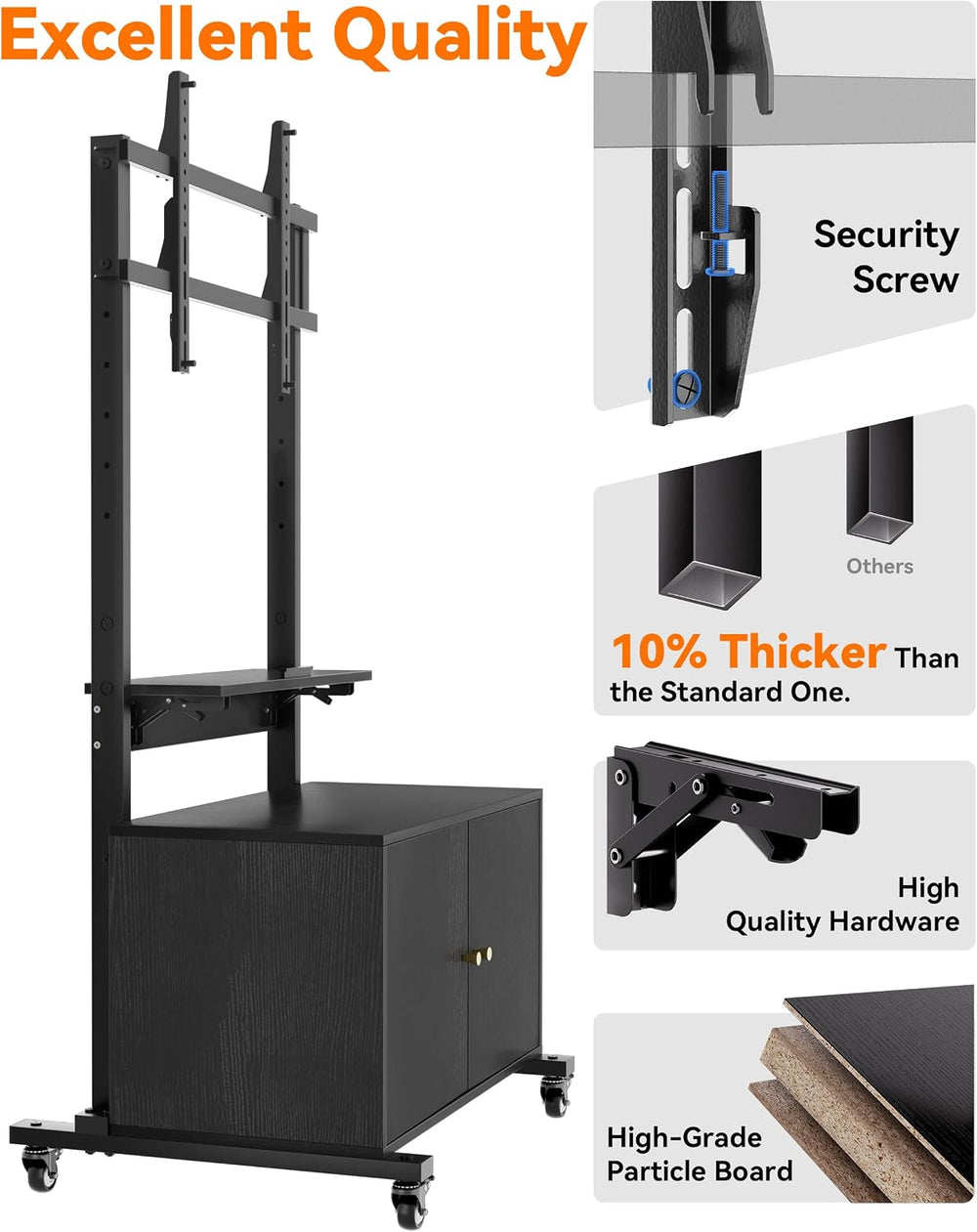 KAMIWI Rolling TV Stand, Mobile TV Cart for 32-75-Inch TVs up to 150lbs