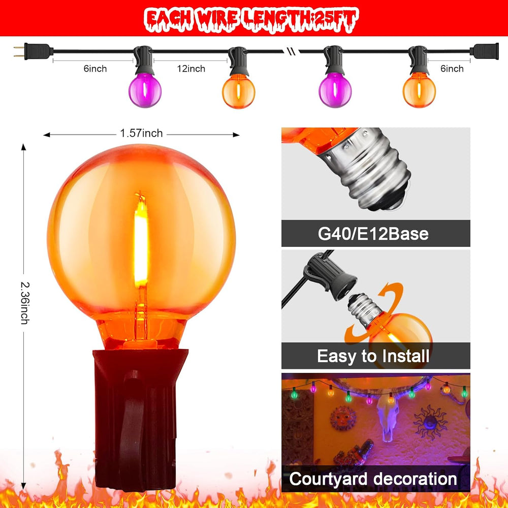 25FT G40 LED Outdoor Halloween String Lights, Orange and Purple Halloween Dec...
