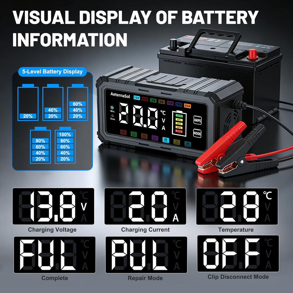 20A Smart Car Battery Charger, 12V/24V Trickle Charger Maintainer (Black)