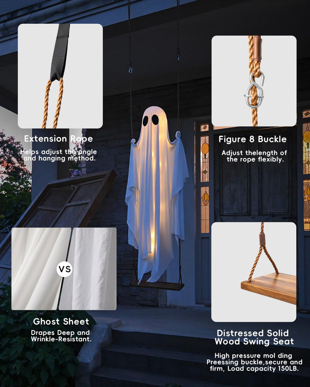 Halloween Decorations Outdoor - 5 FT Large Hanging Swing Ghost Halloween Deco...