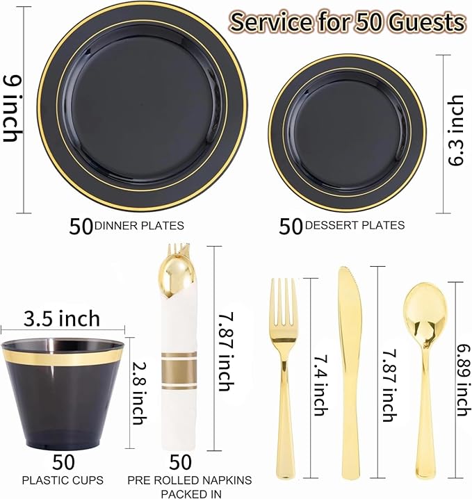 350 Pieces Black and Gold Plastic Plates with Disposable Silverware, Include ...