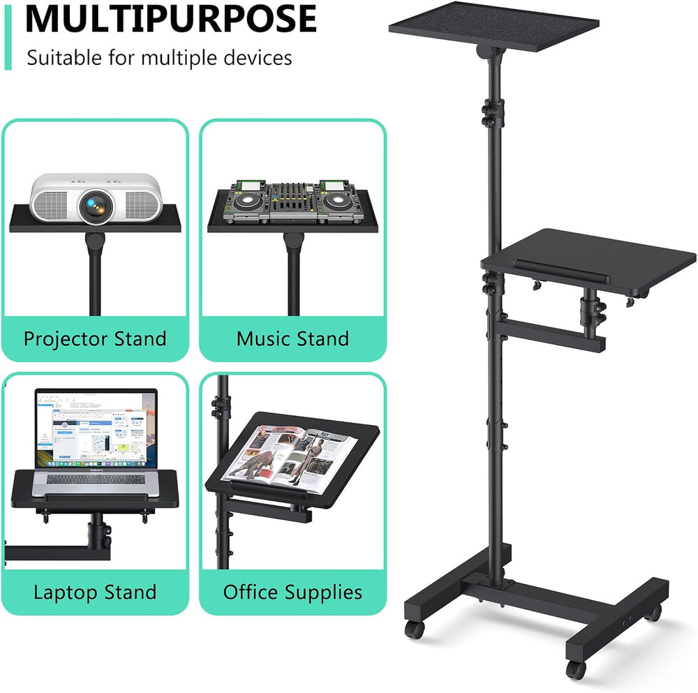 Projector Stand on Wheels, Dual-Tray Tripod Cart 45-64", Holds 20 lbs
