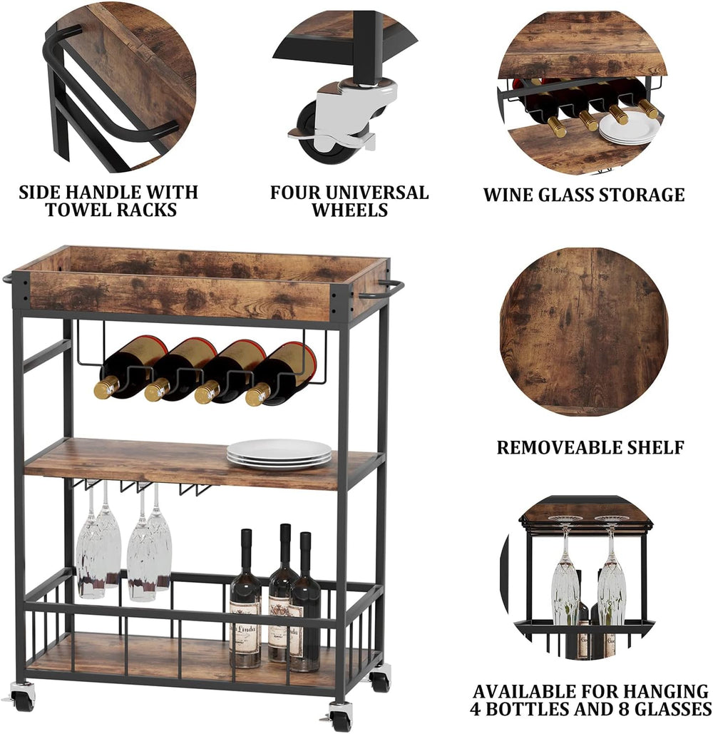 Bar Cart Serving Wine 3 Tier Home Rolling Rack with Wheels Mobile Kitchen Ind...