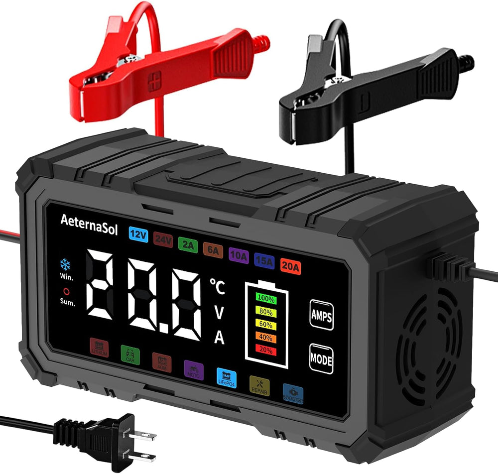 20A Smart Car Battery Charger, 12V/24V Trickle Charger Maintainer (Black)
