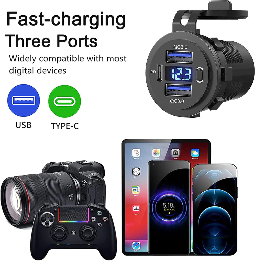 5 Pack 12V USB Outlet, QC3.0 & PD Dual Car Charger with Voltmeter & S...